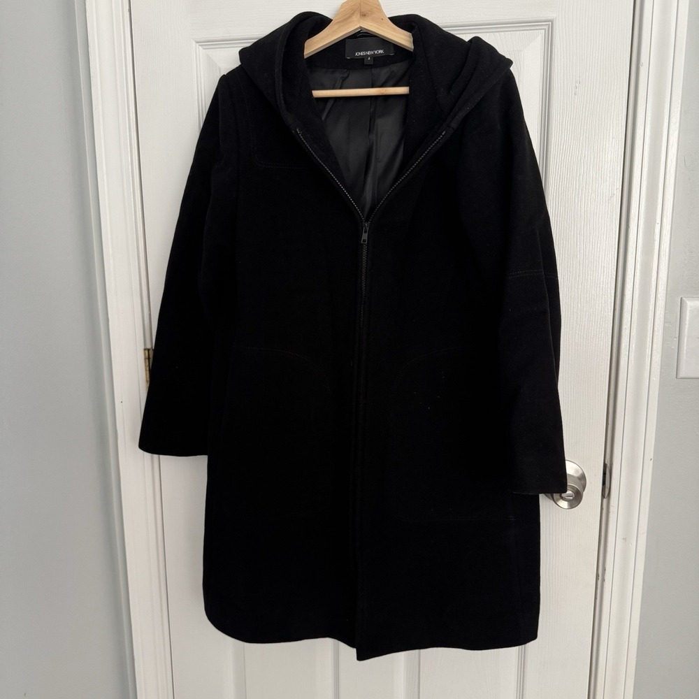 Jones New York Women's Size 8 Black Wool Cashmere Hooded Coat Made in USA